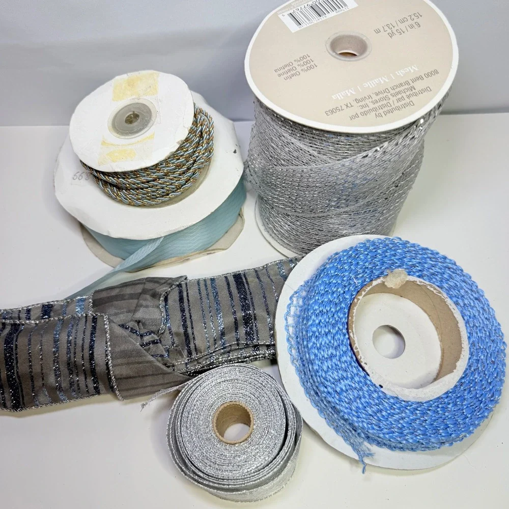Blue Silver Craft Ribbon Trim Lot Deco Mesh Braided Cord Metallic 6pc Crafting